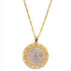 18 Karat Gold Filled Saint Benedict CZ Charm Necklace Charm Measures: Approx: 35mm Material: 18 Karat Gold Filled, Hypoallergenic. Tarnish Resistant. Gold-filled does not de-laminate or peel like Gold plated Jewelry nor does it tarnish as readily as silver. Generally speaking, gold filled is better quality and will have a much longer lasting color than plated jewelry. We recommend keeping abrasive chemicals away from the jewelry for the items to last. Thank you for visiting and supporting our sm Spiritual 14k Gold Coin Necklace, Gold Coin Necklace With Figaro Chain Pendant, Gold Coin Pendant Necklace With Figaro Chain, Gold Tarnish-resistant Coin Necklace For Anniversary, Gold Medallion Coin Necklace With Figaro Chain, Gold Medallion Necklace With Figaro Chain, Spiritual Yellow Gold Plated Medallion Necklace, Gold Plated Coin Necklace With Figaro Chain For Gift, Spiritual Gold-plated Coin Jewelry