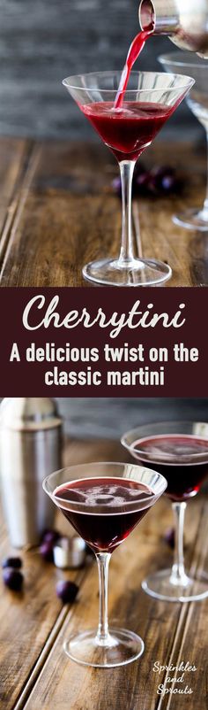 two martini glasses filled with red wine and garnished with cherries on the side