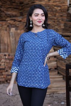 Handblock printed top, cotton, summer collection, officewear, casual wear, fashion, bright colour, comfortable, embroidery. Hand Printed Relaxed Fit Summer Tops, Hand Printed Relaxed Fit Tops For Summer, Casual Cotton Tunic Shirt, Printed Blue Tops For Workwear, Blue Cotton Kurta With Relaxed Fit, Blue Printed Tops For Work, Cotton Ikat Print Short Sleeve Top, Casual Cotton Tunic Top, Patterned Cotton Work Shirt