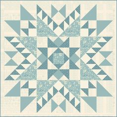 a blue and white quilt with an intricate design on the front, featuring several triangles