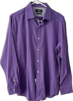 Cotton Long Sleeve Shirt With Covered Buttons, Long Sleeve Cotton Shirt With Covered Buttons, Purple Long Sleeve Dress Shirt With Buttons, Purple Long Sleeve Dress Shirt For Business Casual, Long Sleeve Cotton Dress Shirt With Buttons, Purple Slim Fit Long Sleeve Dress Shirt, Purple Long Sleeve Dress Shirt With Button Closure, Purple Long Sleeve Shirt For Business Casual, Slim Fit Purple Business Shirt