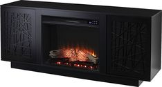 a black entertainment center with an electric fire in the front and flames on the sides