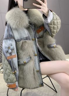 Beige Fox collar Denim Patchwork Button Down Coats Winter – Omychic Fox Collar, Long Denim Skirt, Denim Patchwork, Duck Down, Down Coat, Mode Inspiration, Winter Casual, Faux Fur Coat, Ponchos