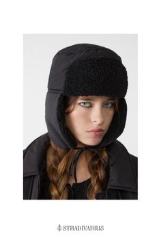 Faux shearling lined hat with drawstring Women's Beanie, Pet, Caps Hats, Hats, Black