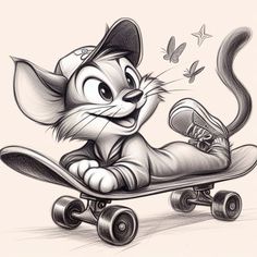 a drawing of a cat on a skateboard