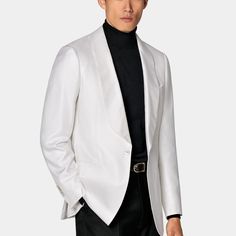 This off-white tuxedo jacket is cut to a tailored fit with a pronounced shawl collar, a natural shoulder, and details like silk-lined jetted pockets and single button. White Tuxedo Jacket, White Tuxedo, Dinner Jacket, Tuxedo Jacket, Shawl Collar, Pure Silk, Havana, Shawl, Off White