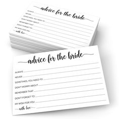 wedding advice cards with the words advice for the bride written in black ink on them