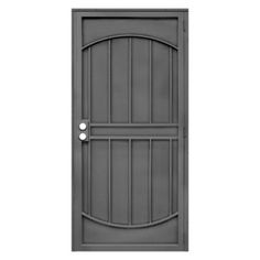 an open door with bars on the side and two knobs at the top, against a white background