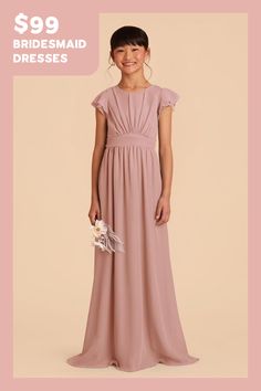 This sweet ruffle-sleeved dress is a dream for a junior bridesmaid. This design features a waistband tie in back for juniors who are between sizes. Junior Bridesmaid Dresses Purple, Ice Blue Bridesmaid Dress, Bridesmaid Dress Chiffon, Junior Dress, Lavender Bridesmaid Dresses, Rose Bridesmaid Dresses, Dusty Blue Bridesmaid Dresses, Ice Dresses, Birdy Grey