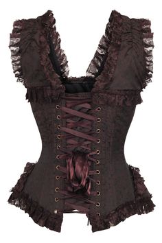 Overbust corset made of high quality brocade and lace fabrics 10 Spiral Steel boned with 2 Flat steel bones Delicate lace detailing Ribbon tie closure at back for cinching Privacy Panel Lined Hand Wash Medieval Style Brown Overbust Corset, Vintage Lace Overbust Corset, Gothic Lace Corset With Corset Back, Gothic Sleeveless Corset With Lace Trim, Steampunk Underbust Lace Corset, Nurse Costume, Waist Cincher Corset, Steel Boned Corsets, Striped Shoes