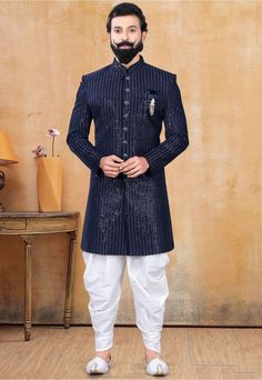 #ad Premium Quality Embroidered Velvet Sherwani in Blue, Fashion Mens Suit Sherwani With Dhoti, Velvet Sherwani, Black Jacket Style, Indo Western Sherwani, Fancy Buttons, Embroidered Velvet, Readymade Blouse, Color Full, Embroidered Details