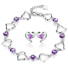 Cheap Purple Heart-shaped Beaded Bracelets, Silver Amethyst Jewelry With Heart Charm, Purple Heart Cut Jewelry For Valentine's Day, Heart Cut Purple Jewelry For Valentine's Day, Elegant Heart-shaped Amethyst Necklace, Formal Amethyst Jewelry For Valentine's Day, Elegant Heart Shaped Jewelry Set For Mother's Day, Crystal Heart Bracelet Gift, Purple Double Heart Jewelry For Gifts