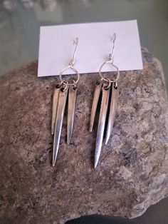 "Sterling silver chandelier style earrings handmade from vintage fork tines.  Simplistic and classic style. Earring length: 2 1/2\" Handmade ear wire length: 1\" Earring width: 1/2\"" Fork Earrings, Silverware Earrings, Spear Earrings, Spoon Earrings, Stamping Metal, Fluffy Cow, Fork Art, Silverware Crafts, Fork Jewelry