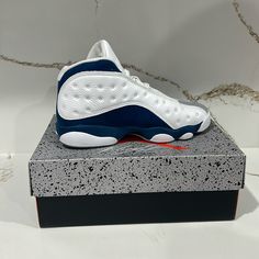 Jordan 13 Retro French Blue Size: 7.5 M Color: White, Blue & Gray Condition: New Blue Leather High-top Sneakers With Perforations, Blue Lace-up High-top Sneakers With Perforations, Blue Sports Sneakers With Perforations, Blue High-top Leather Running Shoes, Blue Casual High-top Sneakers With Perforations, Blue Leather High-top Running Shoes, Casual Blue High-top Sneakers With Perforations, Blue Low-top Basketball Shoes With Perforations, Blue Sneakers With Perforations And Round Toe