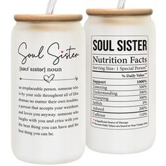 two white jars with labels on them that say soul sister and nutrition fact written in black