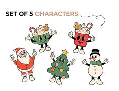 six christmas characters in different poses with the caption set of 5 characters below them