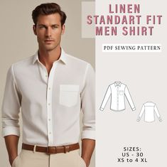 Digital sewing pattern for linen standart fit men shirt.   ✔️ US Sizes: 36,38,40,42,44,46,48, 48, 50, 52, 54,56 ✔️ Standard sizes: XS, S, M, L, XL, 2XL, 3XL, 4XL/5XL ✔️These templates are suitable for A4, A0 and US Letter size paper. When you purchase this pattern, you will receive a digital (pdf) sewing pattern and instructions. Once your payment processes, you will automatically receive a download links of pattern files. If you have any problem accessing the files, please don't hesitate to con Casual Shirts For Men Patterns, Mens Dress Shirt Pattern, Mens Clothing Patterns, Men’s Clothes Sewing Patterns, Linen Shirt Sewing Pattern, Shirt Pattern For Men, Men Shirt Pattern, Button Up Shirt Pattern, Sewing Pattern Men