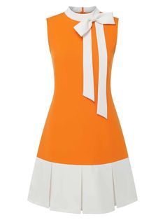 Orange 1960s Crew Bowknot Sleeveless Dress | Retro Stage White Retro Mini Dress For Beach, Retro Stage, Vintage Romper, The Hollow, Standard Dress, Mod Fashion, 1960s Fashion, 60s Fashion, Mode Vintage