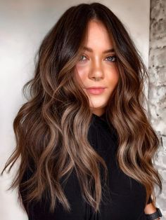 Brown Roots With Highlights, Hair For Green Eyes, Medium Brown Balayage, Long Hair Highlights, Rambut Brunette, Plum Hair, Black Hair Balayage, Dark Brunette Hair, Brown Hair Inspo