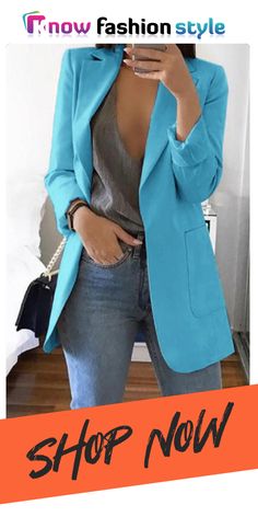 Baby Blue Casual Long Sleeves Suit Jacket Blue Solid Color Blazer For Office, Blue Office Blazer Solid Color, Blue Office Blazer With Solid Color, Blue Solid Color Office Blazer, Blue Long Sleeve Blazer For Work, Blue Outerwear With Pockets For Office, Blue Office Outerwear With Pockets, Blue Office Outerwear, Blue Notch Lapel Blazer For Summer