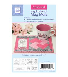 a mug mat is shown in front of a pink flower and white cup with the words,