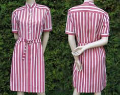 Striped vintage dress with belt, women's shirtdress from the 80s Beautiful belted vintage dress in striped print. Knee length, but depends on your height Appears to be custom made in an atelier, no tags are present Muted red color Very good vintage condition Found in a vintage shop in Latvia Size: M Measurements (taken when laid flat on one side) : Shoulder to shoulder 16.14 inches (41 cm) Armpit to armpit 19.69 inches (50 cm) Waist: 20.08 inches (51 cm) Hips: 20.47 inches (52 cm) Full length 41 Vintage Striped Dress, Vintage Floral Top, Muted Red, Vintage Maxi Dress, Vintage Blazer, Dress With Belt, Vintage Shop, Vintage Pillows, Shirtdress