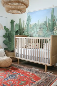 a baby crib in front of a cactus mural