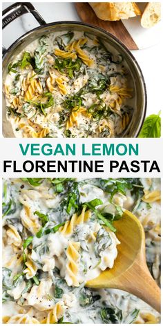 vegan lemon florentie pasta with spinach and cheese in a skillet