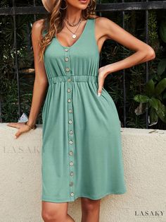 Lasaky - Sophisticated Sleeveless Sheath Dress: Versatile Button-Up Style for Effortless Summer and Spring Wear, Womens Fashion Sleeveless Dress Casual, V Neck Sleeveless Dress, Casual Tie, Spring Wear, Dress For Spring, Sleeveless Sheath Dress, Slim Dresses, Vestido Casual, Sleeveless Mini Dress