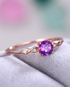 Amethyst Engagement Ring Purple 925 Sterling Silver 14k Rose Gold Round CZ Cubic Zirconia Diamond Ar Amathus Engagement Ring, Rose Gold Amethyst Birthstone Promise Ring, Rose Gold Amethyst Birthstone Ring For Promise, Gift Amethyst Diamond Ring With Brilliant Cut, Brilliant Cut Amethyst Diamond Ring Gift, Purple Diamond Ring With Birthstone, Gift Diamond Ring With Brilliant Cut Amethyst, Purple Crystal Ring With Halo Setting, Amethyst Diamond Ring With Round Cut