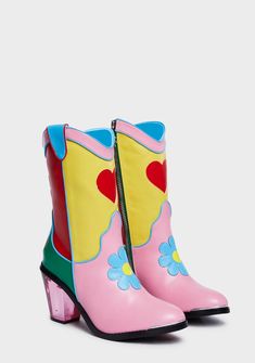 Delias Groovy Colorblock Flower Heart Cowboy Boots - Rainbow – Dolls Kill Funky Multicolor Boots For Spring, Funky Spring Boots, Trendy Multicolor Spring Boots, Trendy Multicolor Boots For Spring, Cute Leather Boots For Spring, Spring Multicolor Heeled Boots With Round Toe, Cute Multicolor Spring Boots, Spring Boots With Round Toe And Fun Style, Fun Spring Boots With Round Toe