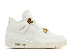 The Women's Jordan 4 "Metallic Gold 2024" edition elevates the iconic silhouette with a touch of opulence, blending classic design and contemporary flair. This exclusive release features a premium leather construction in a pristine white base, accented with striking metallic gold detailing on the eyelets, branding, and sole elements, providing a luxurious contrast. The design stays true to the Jordan 4's heritage with its signature mesh inserts and distinctive midsole design, while the gold acce Jordan 4 Retro Metallic, Retro Jordans, Jordan 4 White, Jordan 4’s, Jordan Retro 4, Jordan Sneaker, Jordan Model, White Jordans, Jordan 4s