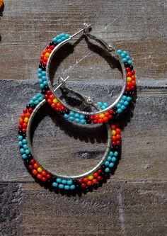 Colorful tribal hoop earrings on metal lever back hoops