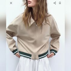 Zara Jacket, Size Large, Color Beige And Green. Beige Sporty Track Jacket For Fall, Casual Cream Cropped Jacket For Fall, Trendy Track Jacket For Workwear In Spring, Casual Beige Track Jacket For Spring, Casual Beige Track Jacket For Fall, Cream Long Sleeve Cropped Jacket For Fall, Casual Long Sleeve Cropped Jacket In Beige, Beige Long Sleeve Cropped Casual Jacket, Casual Beige Long Sleeve Cropped Jacket