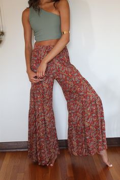 Copper Fields Lounge Pant - Yoga Clothing by Daughters of Culture Camping In The Woods, Ruffle Pants, Metallic Sandals, Bell Bottom, Rayon Fabric, Linen Top, Drawstring Waistband, Lounge Pants, Yoga Clothes