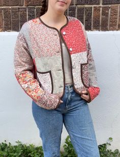 This is a cropped quilted jacket made from a beautiful fall thrifted quilt. The jacket is osfm (one size fits many) and can fit up to women's size XL. Button Up Jacket, Quilted Jacket, Color Blocking, Art Collection, Button Up, Bathing Beauties, Jackets & Coats, Jackets For Women, Display Homes