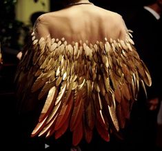 the back of a woman's dress with feathers on it