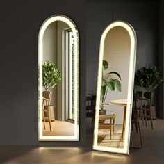 a large mirror sitting on top of a wooden floor next to a table with a potted plant