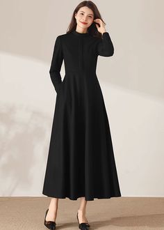 "★★ FEATURES * 30% wool, other fiber, nylon * Polyester lining * Two side pockets * Back zipper closure * Long sleeves * Fitted waist dress * Maxi wool dress * Winter wool dress * Perfect for Winter, autumn * Dry clean ★★ The model is 170 cm (5′ 7″) tall with a 80 cm (31.5\") bust, 66 cm (26\") waist. She is wearing the wool dress in size XS. ★★ Bespoke Order Service If you Request other color Request the length Request a sleeve Your height is not between 155 cm- 172 cm Your weight is over 75 kg Cute Winter Dress Outfits For Women, Modest Formal Outfits For Women, Simple Black Dress Long, Black Winter Dresses, Modest Formal Outfits, Long Dress Winter Outfit, Sudley Dress, Wool Dress Winter, A Line Dress Formal