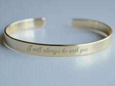 "Gold plating comes in varying levels of quality, largely depending on the thickness and purity of the gold coating. Our Gold plated bracelets are coated with 22K gold and the thickness of the gold layer is 0.5 microns (it's sufficient even for jewelry pieces that are exposed to rough wear). - Gold plated bracelet engraved with your chosen message. - The thickness of gold plating is around 0.5 microns - Text, coordinates, numbers or handwriting outside and inside the cuff - The color doesn't wea Adjustable Minimalist Engraved Bangle, Minimalist Adjustable Bracelet With Engraved Text, Minimalist Adjustable Engraved Bangle, Minimalist Engraved Bracelet For Promise, Minimalist Engraved Name Bangle Bracelet, Minimalist Engraved Promise Bracelet, Everyday Engraved Bangle Cuff Bracelet, Minimalist Adjustable Jewelry With Engraved Text, Minimalist Engraved Adjustable Cuff Bracelet