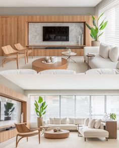 this living room has white furniture and wood accents