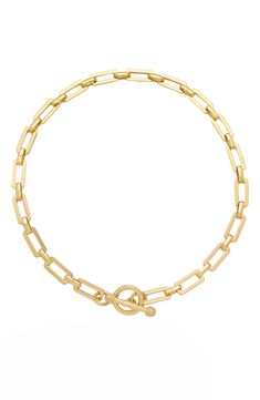 Rectangular links make this gleaming necklace a modern, geometric statement style. 15" length Toggle closure Goldtone plate or rhodium plate Imported Modern Chain Bracelet With Rectangular Links And Toggle Clasp, Elegant Metal Toggle Necklace With Rectangular Links, Modern Gold-tone Chain Necklace With Rectangular Links, Modern Link Chain Necklace With Toggle Clasp, Modern Chain Link Necklace With Toggle Clasp, Modern Toggle Necklace, Modern Metal Link Toggle Necklace, Modern Chain Link Necklace With Lobster Clasp, Modern Toggle Necklace With Chunky Chain Link