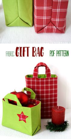 two bags with christmas decorations on them, one is green and the other is red