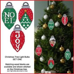 a christmas tree light bulbs set one with ornaments on it and the other in red