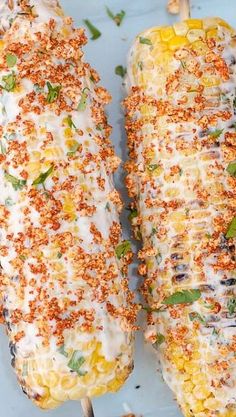 two grilled corn on the cob covered in cheese and seasoning