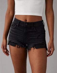 AE Next Level High-Waisted Denim Short Short Clothe Store, Random Wishlist, High Waisted Shorts Outfit, Lace Jean Shorts, Jean Short Outfits, American Eagle Outfits, Summer Shorts Outfits, Ripped Denim Shorts, Black Jean Shorts