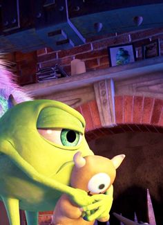 an animated character is holding a squirrel in front of a fire place