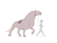 a drawing of a person walking next to a horse with a balloon in it's mouth