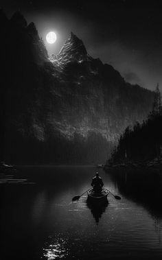 a black and white photo of a person in a boat on the water at night