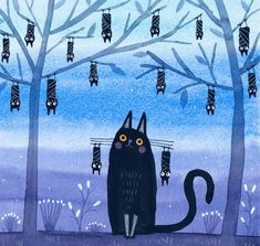 a painting of a black cat sitting in front of some clothes hanging on a line